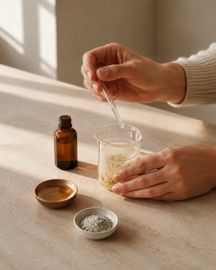 A formulator testing a botanical skincare blend at a studio workbench