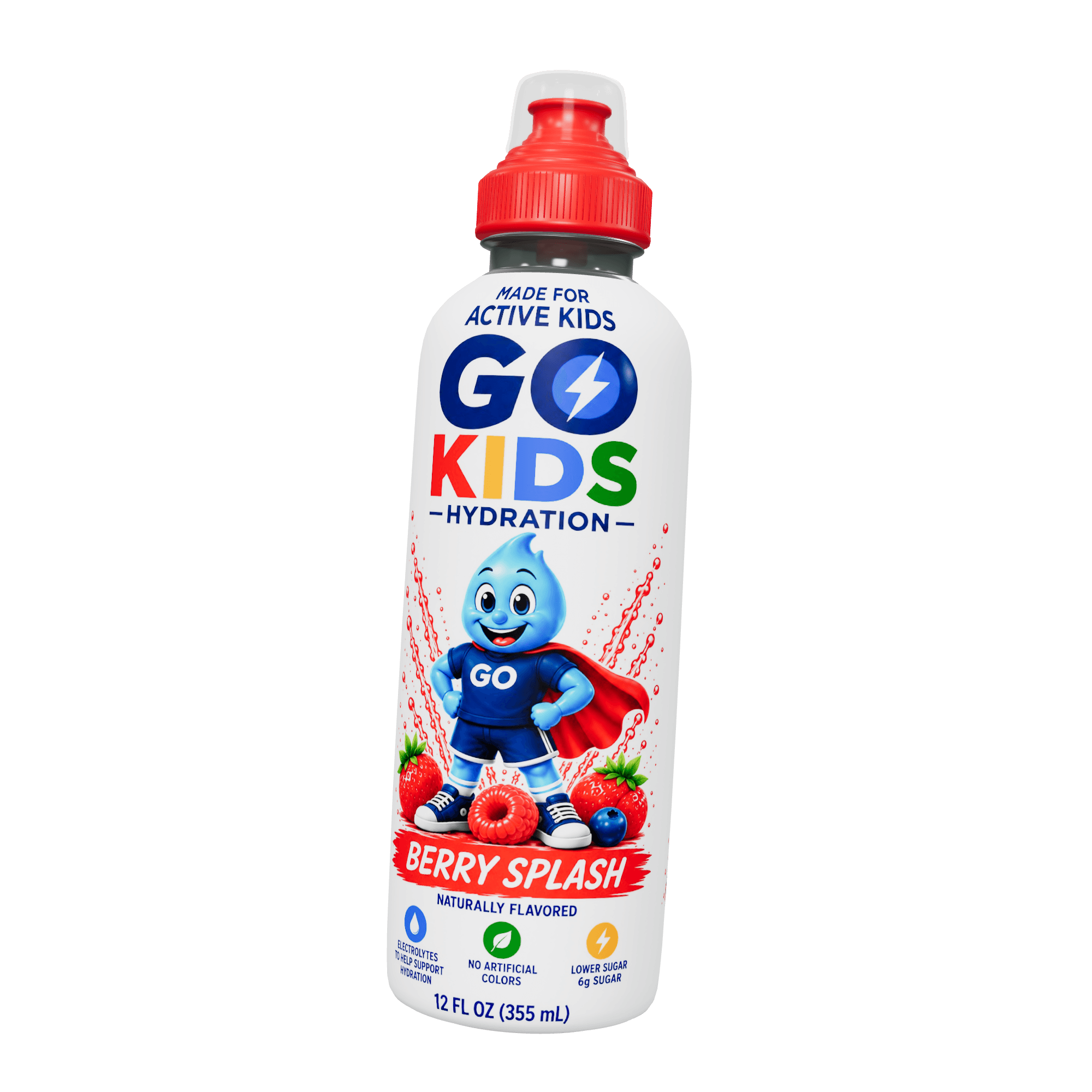 Go Kids Berry Splash hydration bottle with a white label, red sport cap and clear protective cover