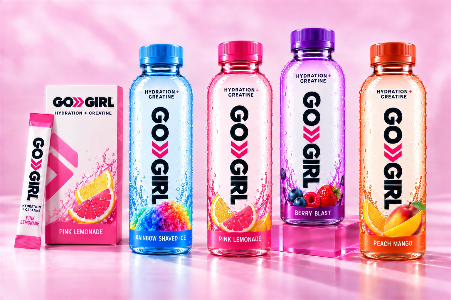 Go Girl product concepts: Pink Lemonade carton and stick pack with four bottles — Rainbow Shaved Ice, Pink Lemonade, Berry Blast and Peach Mango