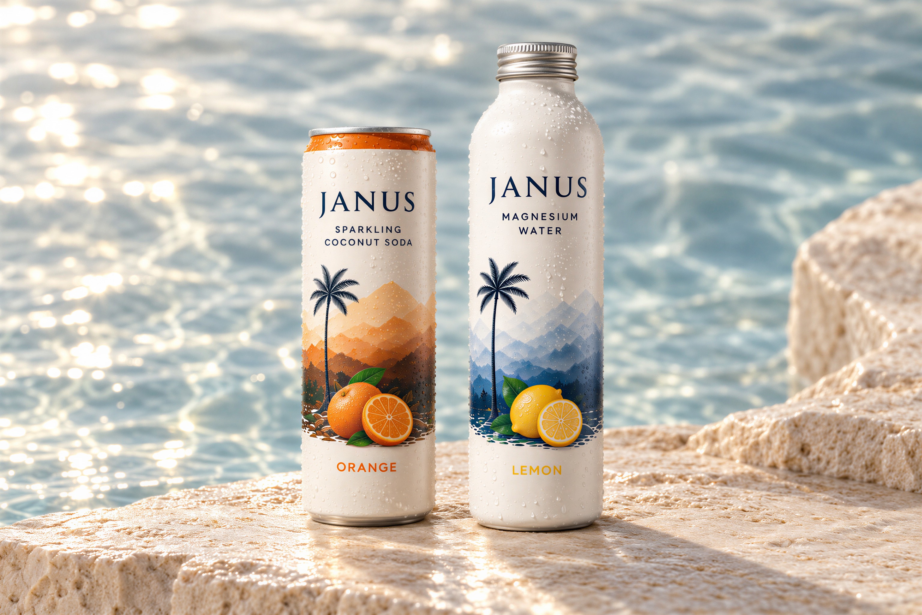 Janus hydration product concepts: Orange Sparkling Coconut Soda and Lemon Magnesium Water beside sunlit water