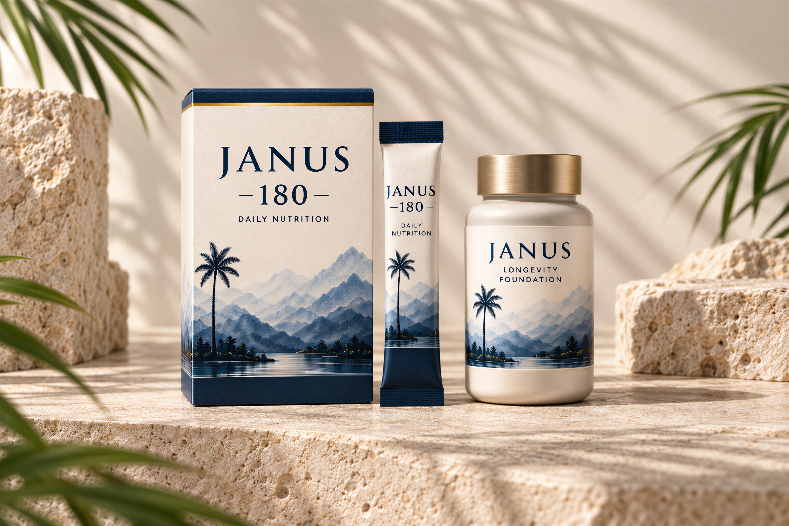 Janus nutrition product concepts: Janus 180 daily blend carton and stick pack with Longevity Foundation supplements