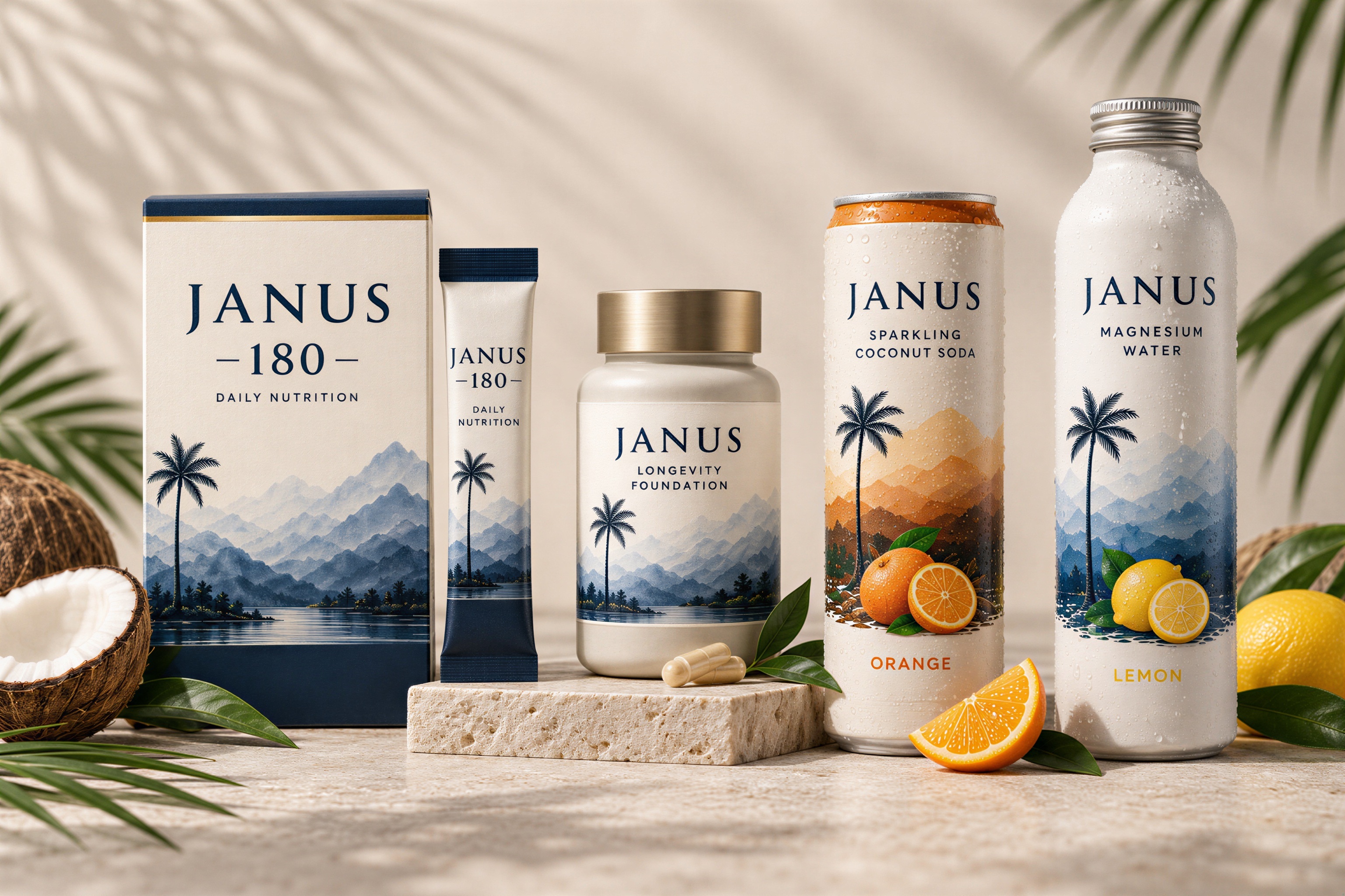 The Janus range: Janus 180 daily nutrition, Longevity Foundation, Sparkling Coconut Soda and Magnesium Water