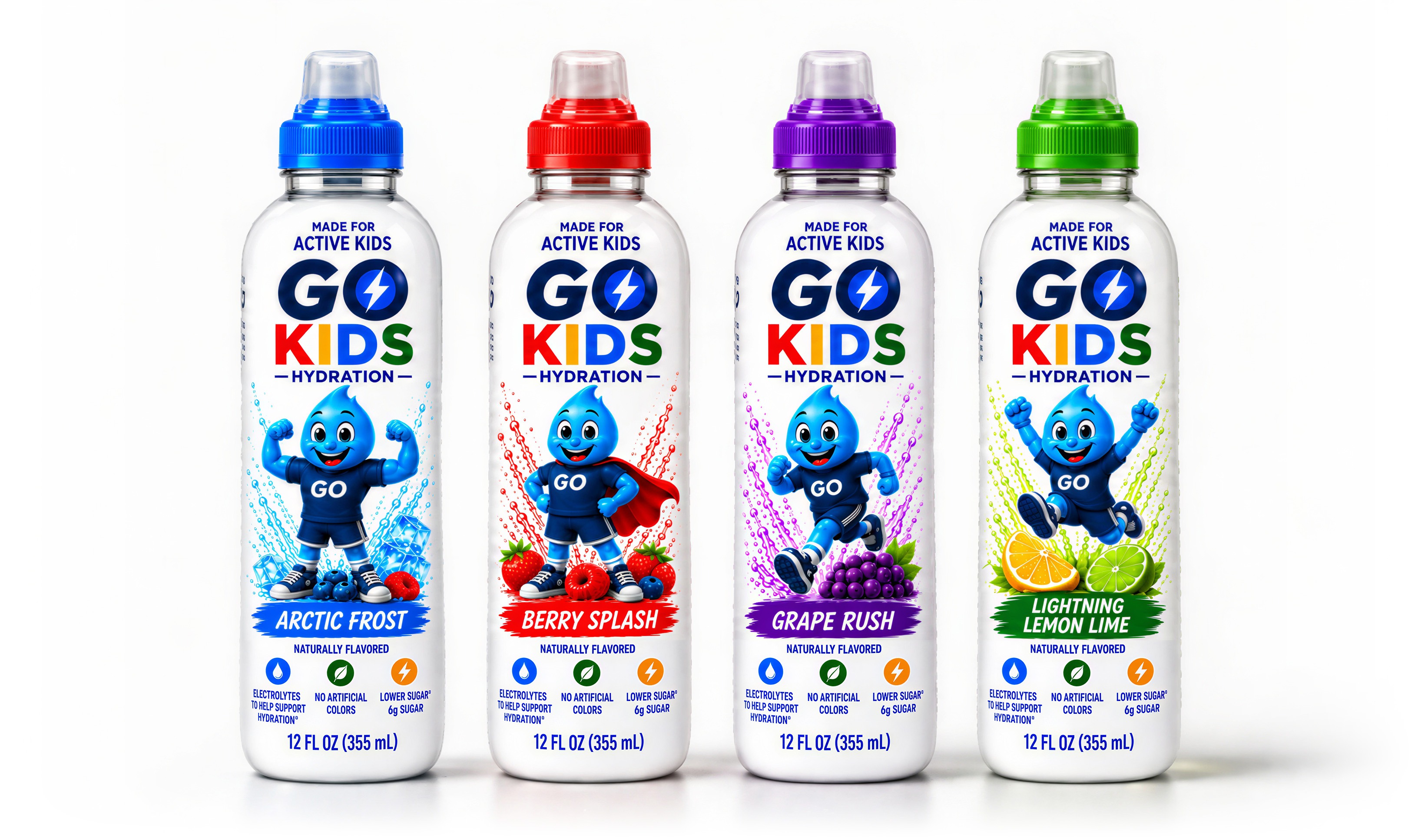 Go Kids four bottle lineup: Arctic Frost, Berry Splash, Grape Rush and Lightning Lemon Lime