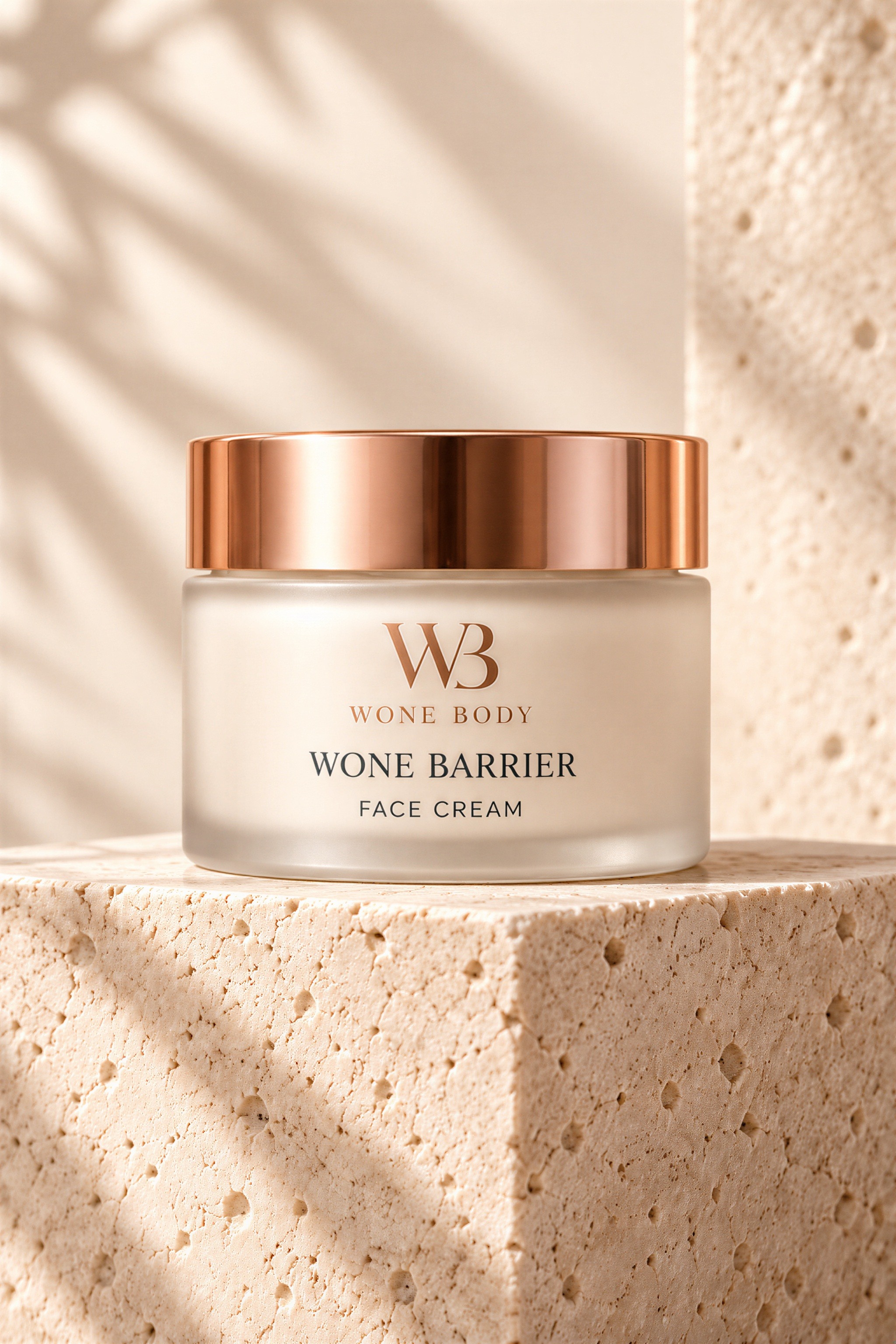 Wone Barrier product concept: a frosted face cream jar with a copper lid on travertine