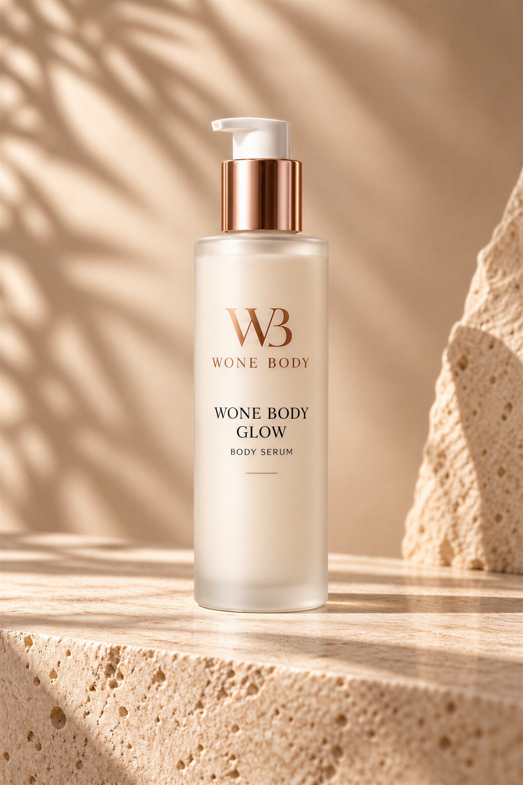 Wone Body Glow product concept: a frosted body serum pump bottle in warm sunlight
