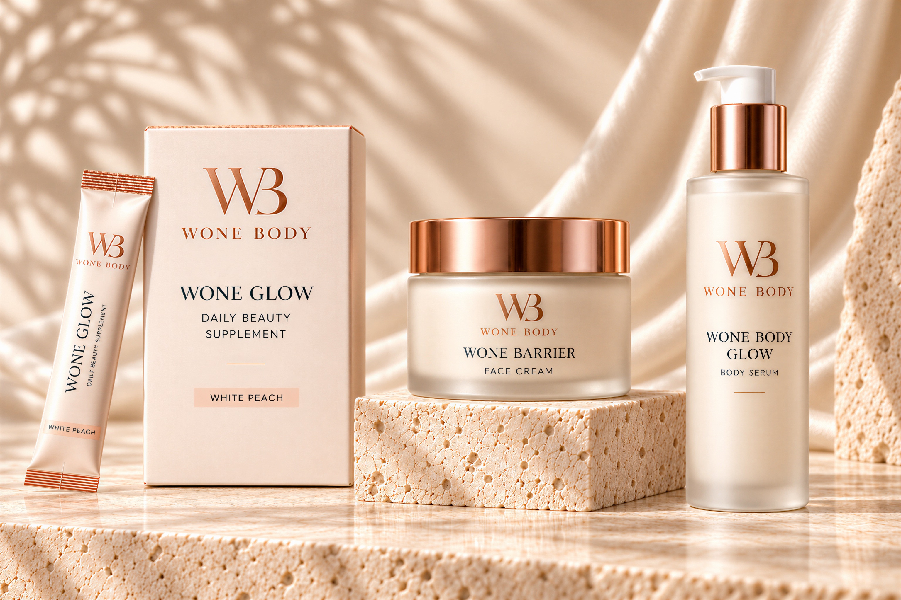 The Wone Body range: Wone Glow daily beauty supplement, Wone Barrier face cream and Wone Body Glow serum