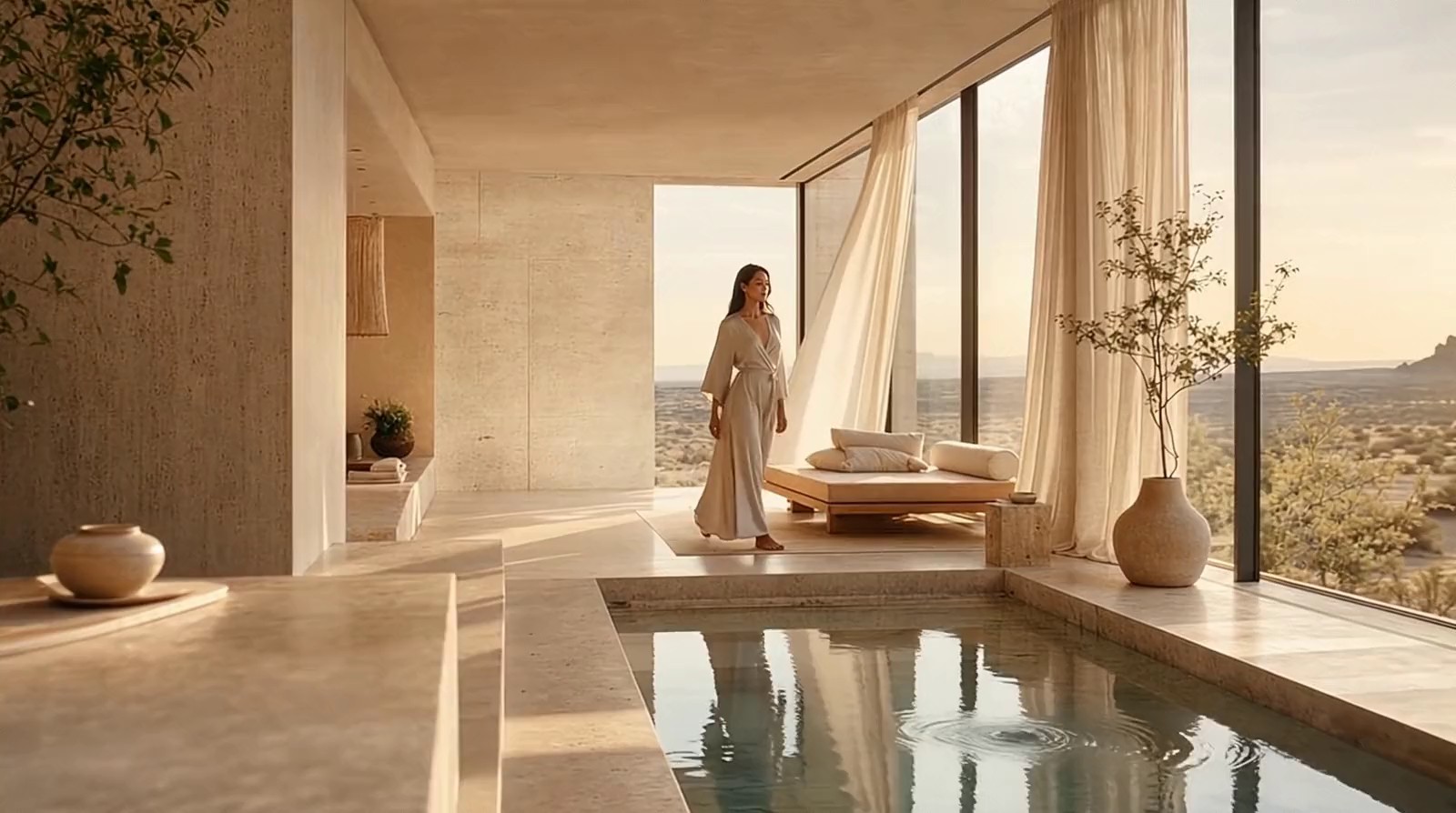 A quiet Wone Body moment: warm stone, moving curtains and a woman walking beside a sunlit pool